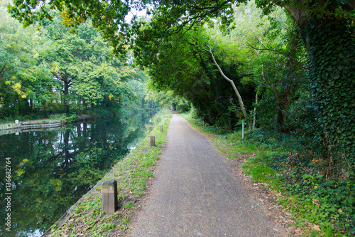 Walk path in park hike trail at water channels in Woking  Surrey