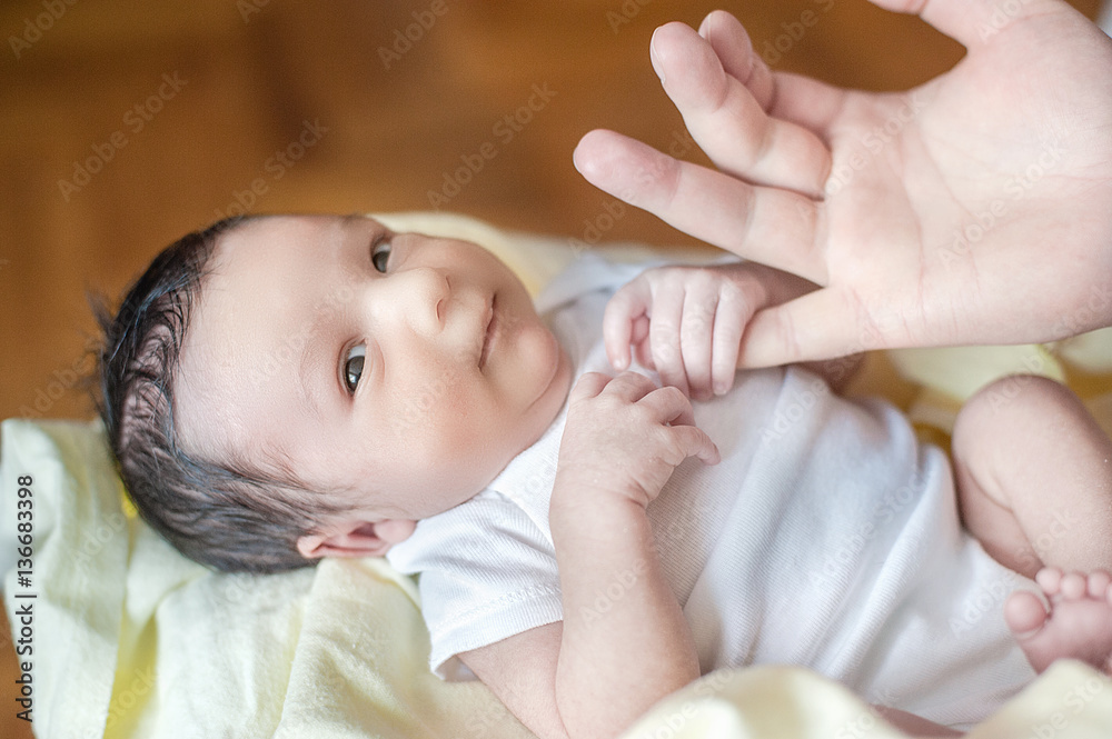 two weeks old newborn baby in the hands of father. two weeks old newborn baby in the hands of father.