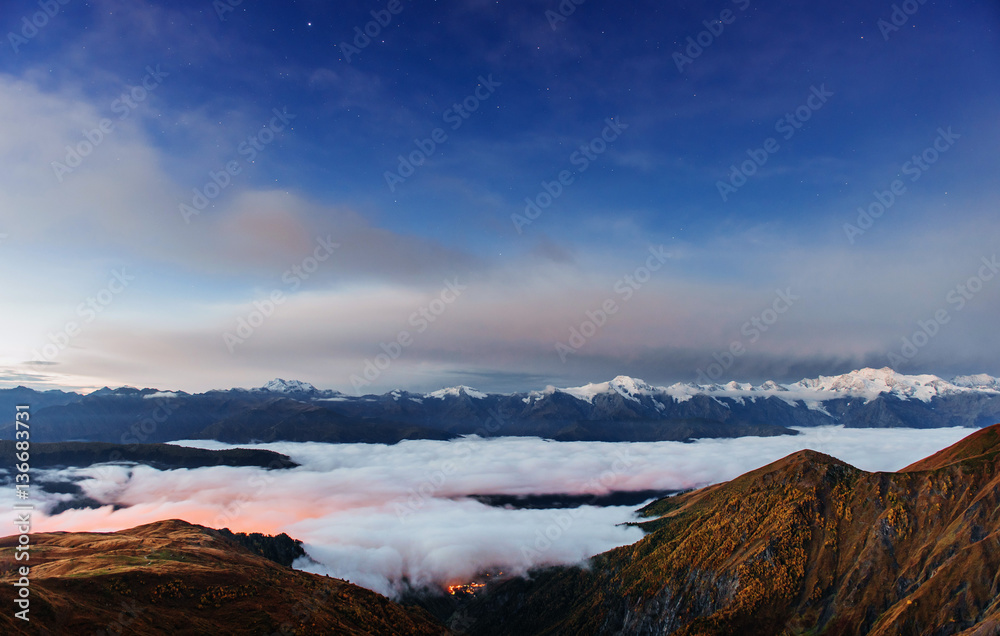 Fototapeta premium Thick fog on the mountain pass Goulet. Georgia Svaneti Europe.