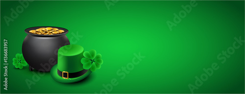 St Patricks Day Banner - Cauldron, Shamrocks and green hat against green background