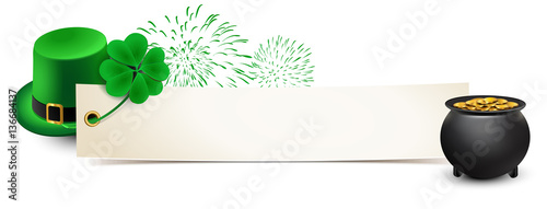 st patricks day - banner with leprechaun hat, shamrock, fireworks and a pot of gold - template