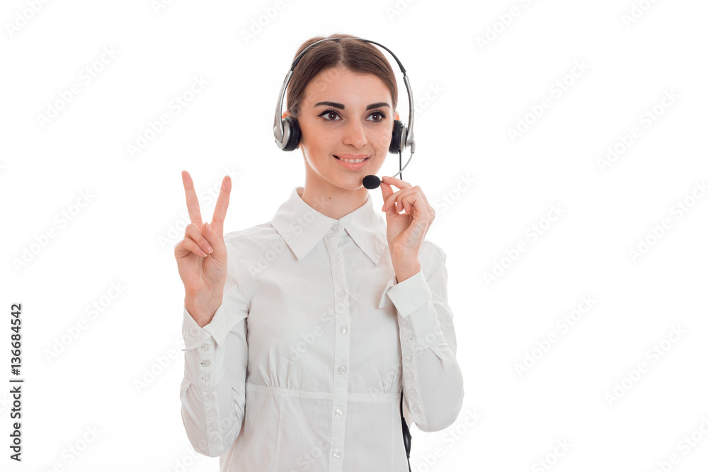 horizontal portrait of young cheerful call office worker girl with headphones and microphone isolated on white background horizontal portrait of young cheerful call office worker girl with headphones and microphone isolated on white background