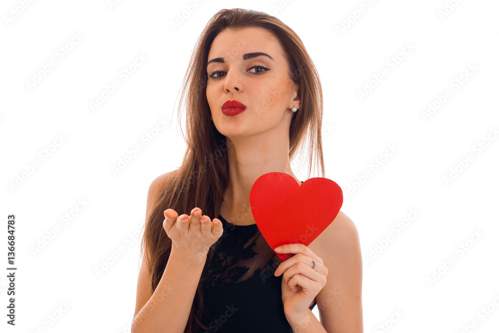 young charming woman with red lips preparing to celebrate valentines day with heart symbol in studio isolated on white background young charming woman with red lips preparing to celebrate valentines day with heart symbol in studio isolated on white background