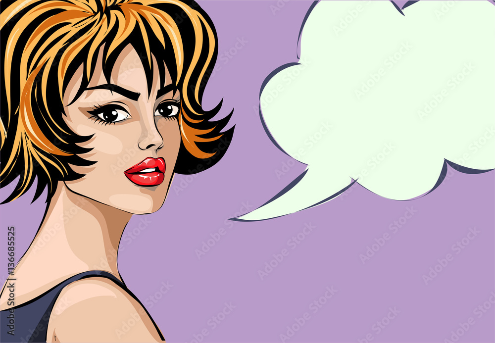 Pin up style beautiful woman portrait with speech bubble, pop art girl vector illustration Pin up style beautiful woman portrait with speech bubble, pop art girl vector illustration