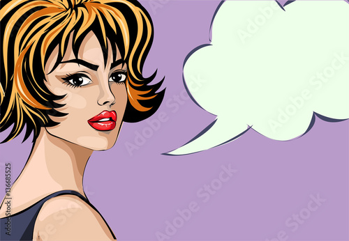 Pin up style beautiful woman portrait with speech bubble, pop art girl vector illustration