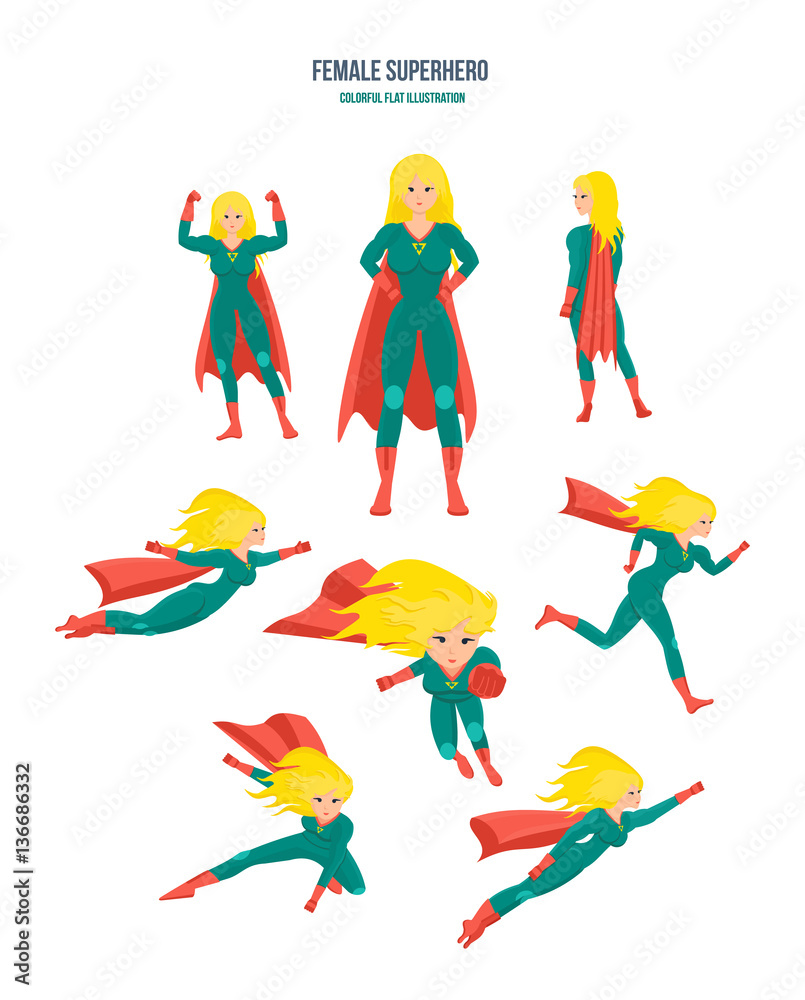 Female superhero in different situations and poses, in costume. Female superhero in different situations and poses, in costume.