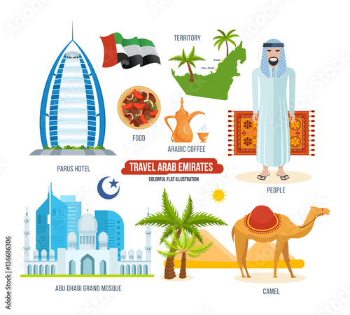 Travel arab emirates concept. Sights, food, drinks, souvenirs and clothes.