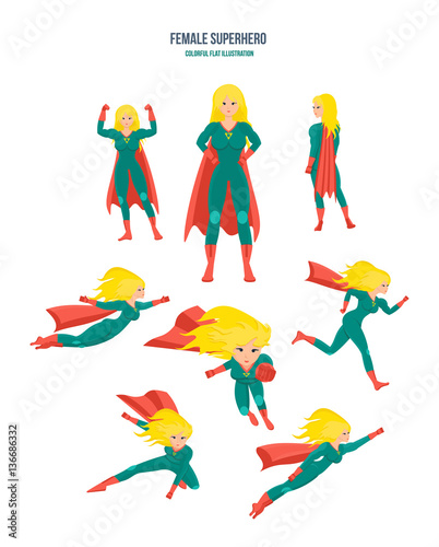Female superhero in different situations and poses, in costume.
