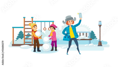 Girl with phone in his hand making selfie with kids.