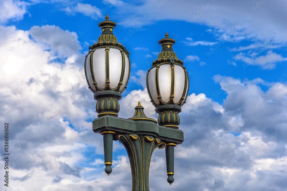 Elaborate Victorian era lampposts on top of the balustrades of Princes Bridge in Melbourne, Australia