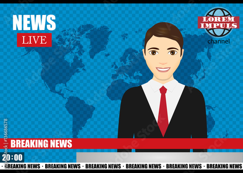 Anchorman on tv broadcast news. Breaking News vector illustration. Media on television concept.