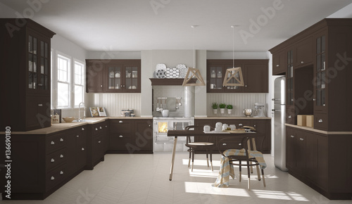 Scandinavian classic kitchen with wooden and brown details, mini