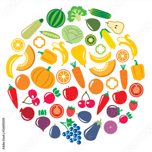 Fototapeta Naklejka Na Ścianę i Meble -  Set of vegetables and fruits in a circular shape