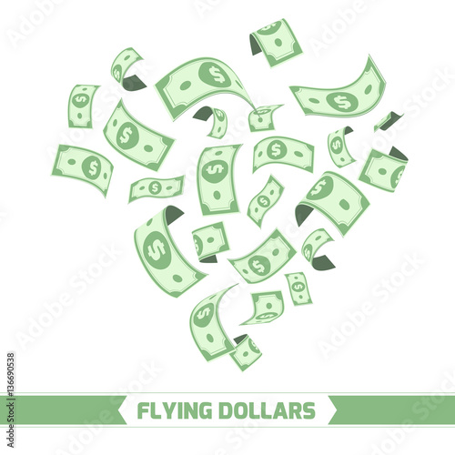 Flying dollars. Isolated on white background. photo