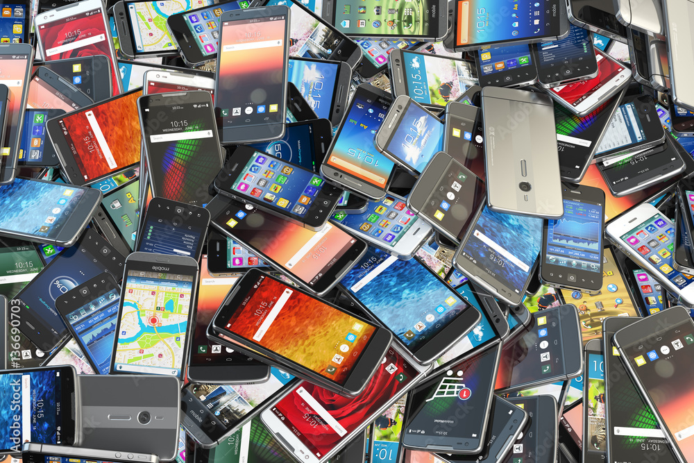 Choose mobile phone. Heap of the different smartphones with diff - obrazy, fototapety, plakaty 