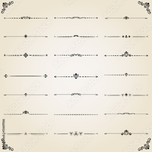 Vintage set of vector decorative elements. Horizontal separators in the frame. Collection of different ornaments. Classic patterns. Set of vintage patterns