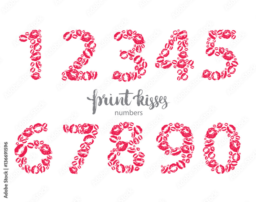 Set of numbers, made from printed kisses