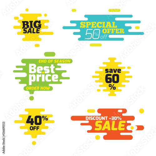 Set sale sticker dynamic wavy form with irregular parallel rounded lines. Isolated on white background. Advertising design shape. Flat style.