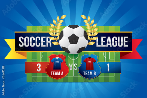 Vector of soccer league with team competition and scoreboard on green field background.
