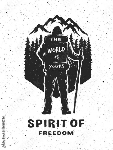 Traveler and nature. Hand drawn emblem.