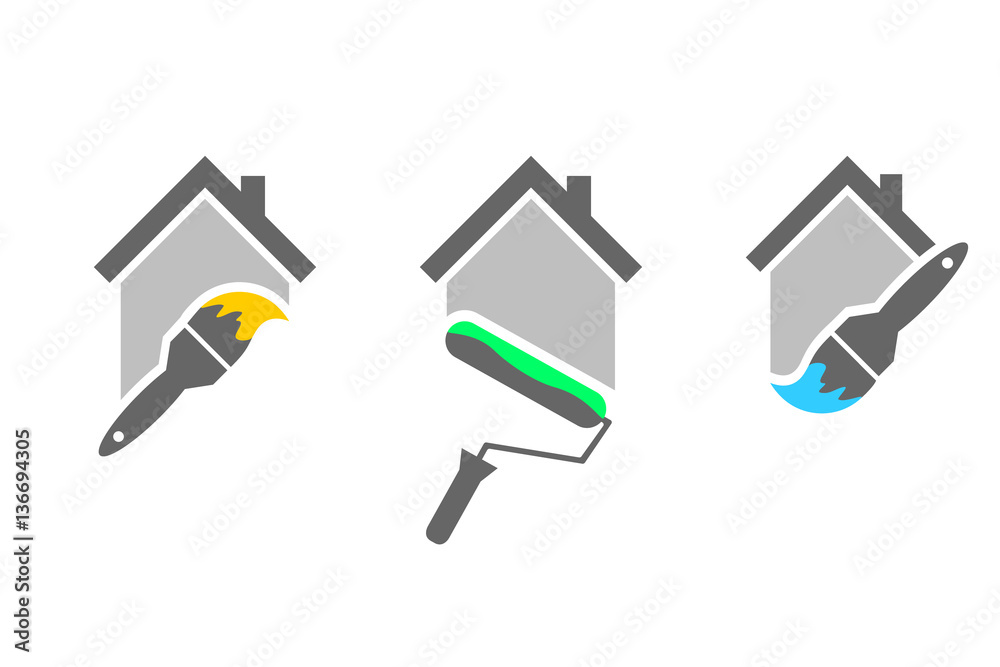 Professional house painter logo set with paint brush and roller Stock