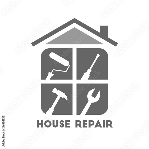 House repair logo with different work tools. Paint roller, screwdriver, hammer and wrench icons.