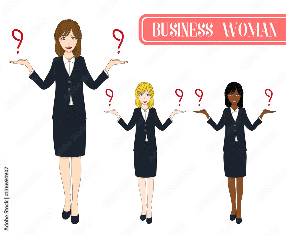 Set Cute Business Woman Making Selection with Happy Face. Full Body Vector Illustration. isolated on White Background Set Cute Business Woman Making Selection with Happy Face. Full Body Vector Illustration. isolated on White Background