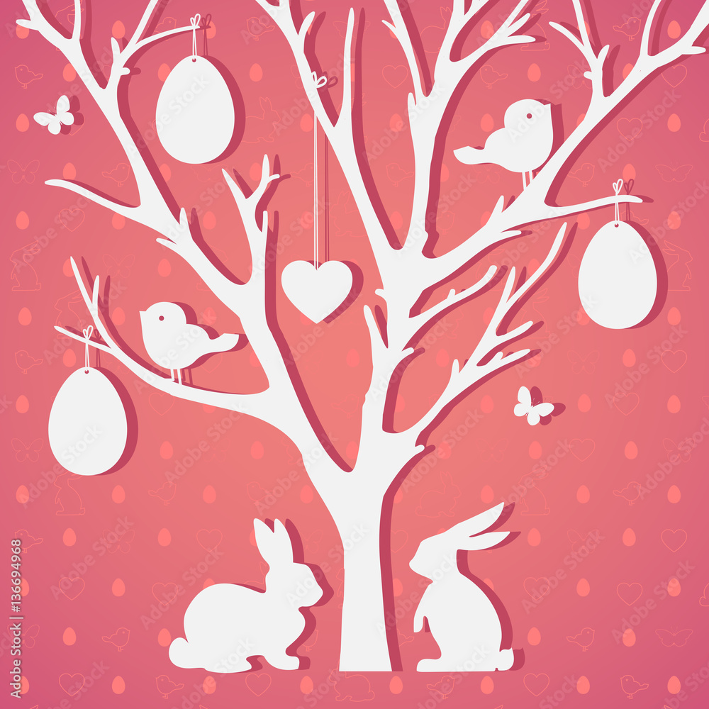 Easter tree with eggs and rabbits. Perfect for invitations, post