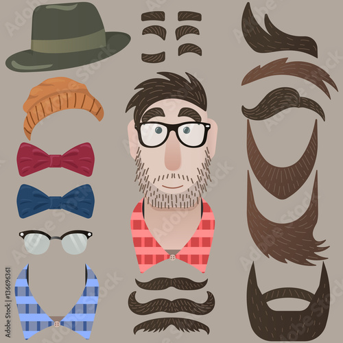 Set of haircuts, mustaches, eyebrows and accessories for hipster. Vector male character set.