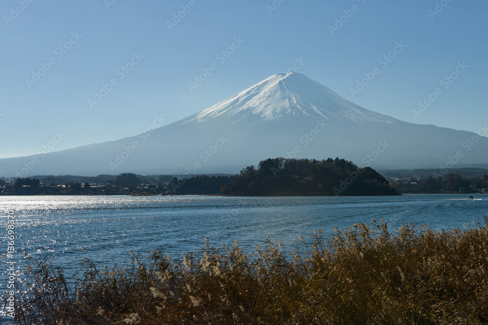 Mount Fuji with kawaguchiko lake view with sunray