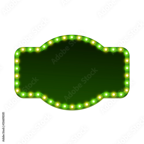 Blank 3d retro light sign with shining bulbs isolated on white background. Green street signboard with yellow and green marquee lights and dark backdrop. Advertising frame Colorful vector illustration