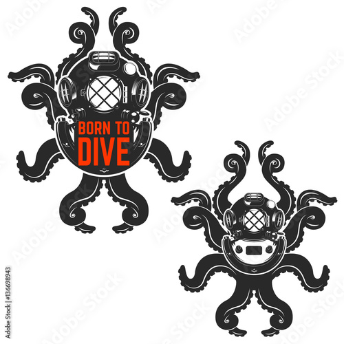 Born to dive. Old style diver helmet with octopus tentacles. Des