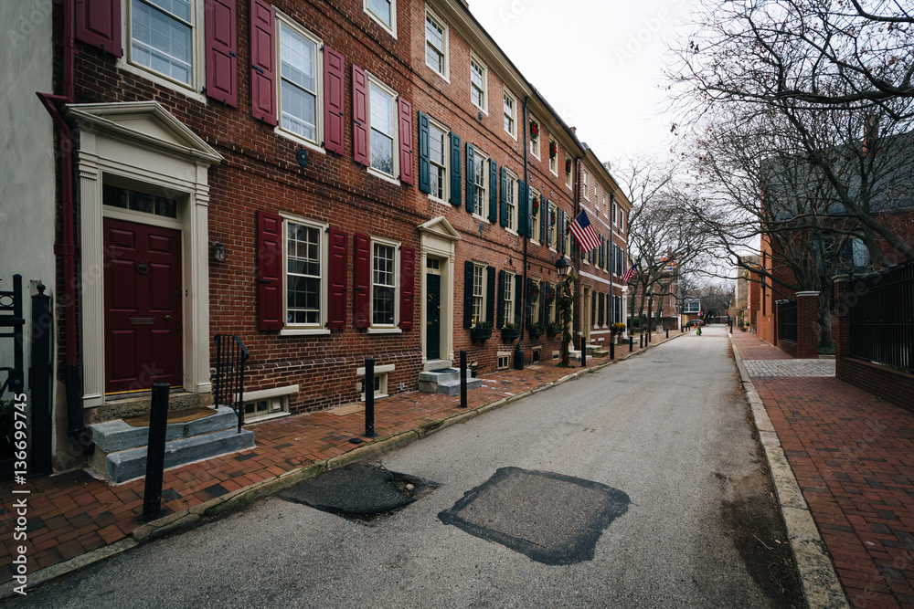 Street and historic brick buildings in Society Hill, Philadelphi