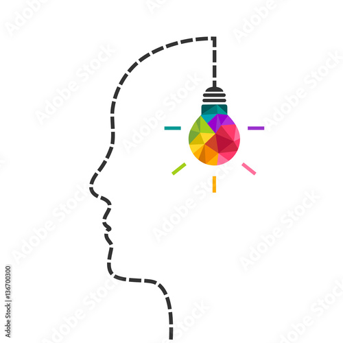 Creative thinking concept with colorful light bulb hanging and human profile line made of dotted dashed line