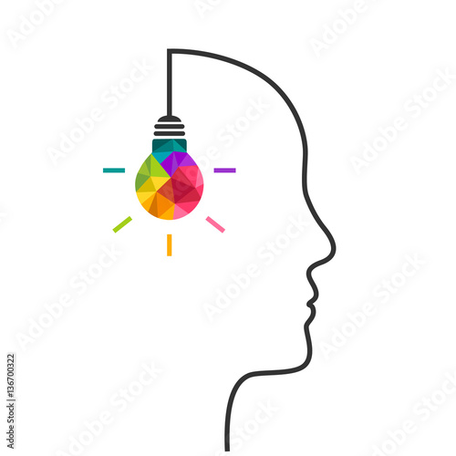 Creative thinking concept with colorful bulb hanging and human head silhouette