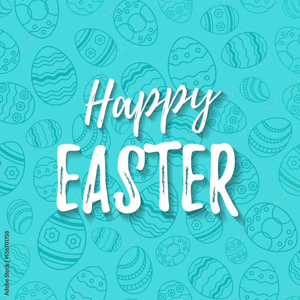 Vector Happy Easter lettering on egg thin line seamless background. Greeting easter card illustration EPS10