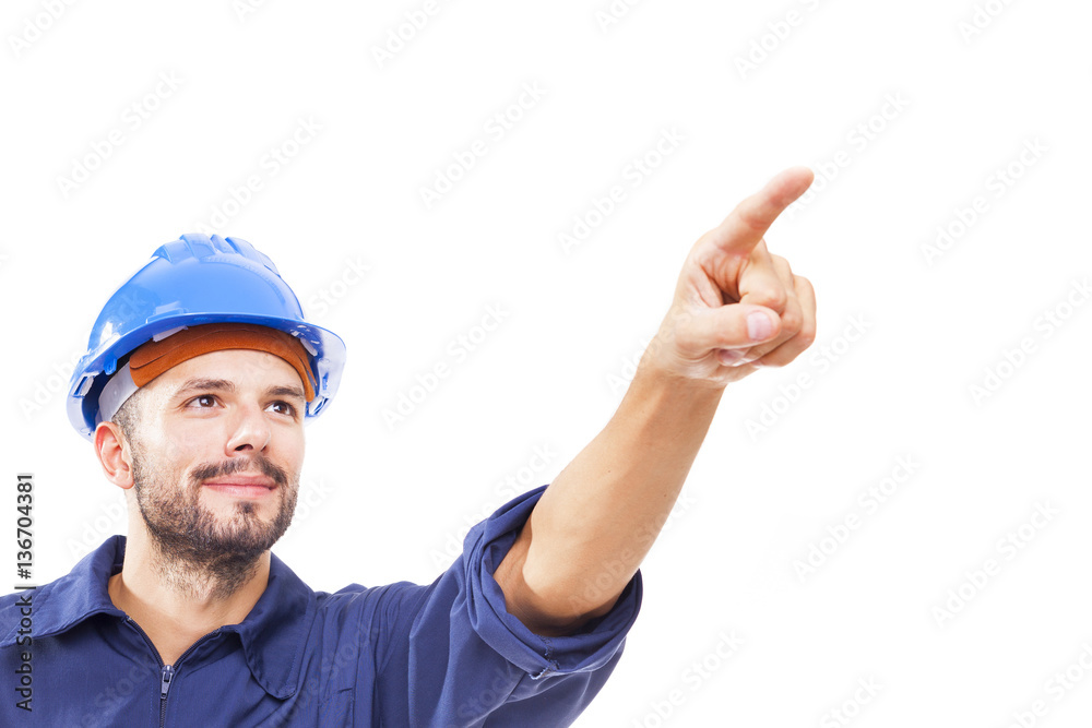 Young worker pointing, isolated on white background Young worker pointing, isolated on white background