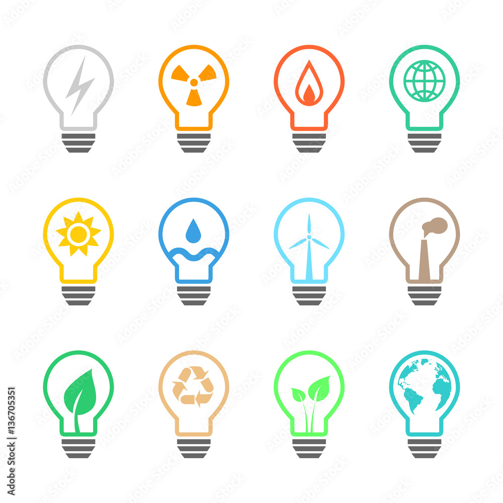 Electricity and power related light bulb set with various icons and color. Eps10 vector illustration in line art. Electricity and power related light bulb set with various icons and color. Eps10 vector illustration in line art.