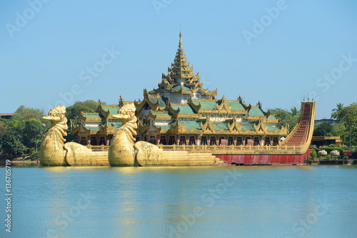 The copy of the royal barque Karaveyk on the artificial lake Kandodzhi in the center of Yangon. Myanmar