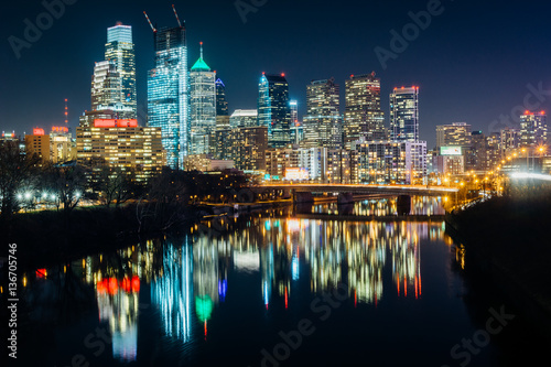 The Philadelphia skyline and Schuylkill River at night  in Phila