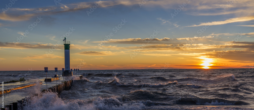 Lake Huron Lighthouse and Pier at Sunset