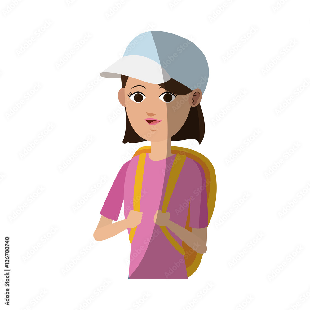 woman with backpack over white background. people traveling concept. colorful design. vector illustration