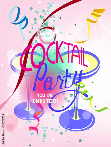 Cocktail party colorful flat vector illustration with glasses of shampagne, confetti,serpentine photo