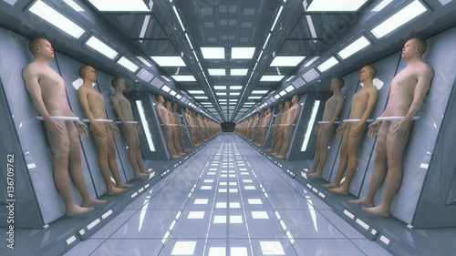 3d rendering. Human clones and futuristic interior architecture