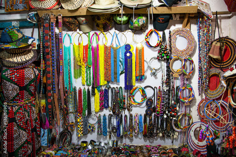 Traditional African jewelry the gift shop in Zanzibar