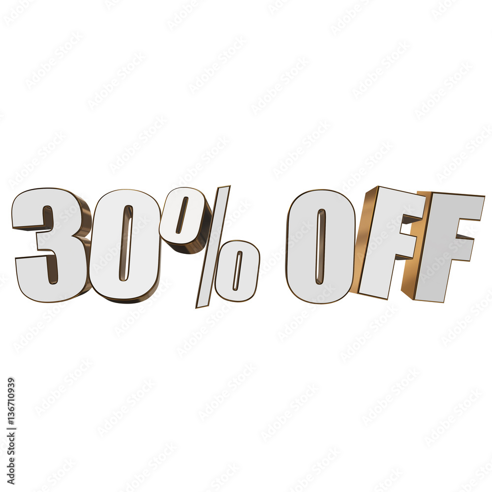 30 percent off letters on white background. 3d render isolated. 30 percent off letters on white background. 3d render isolated.