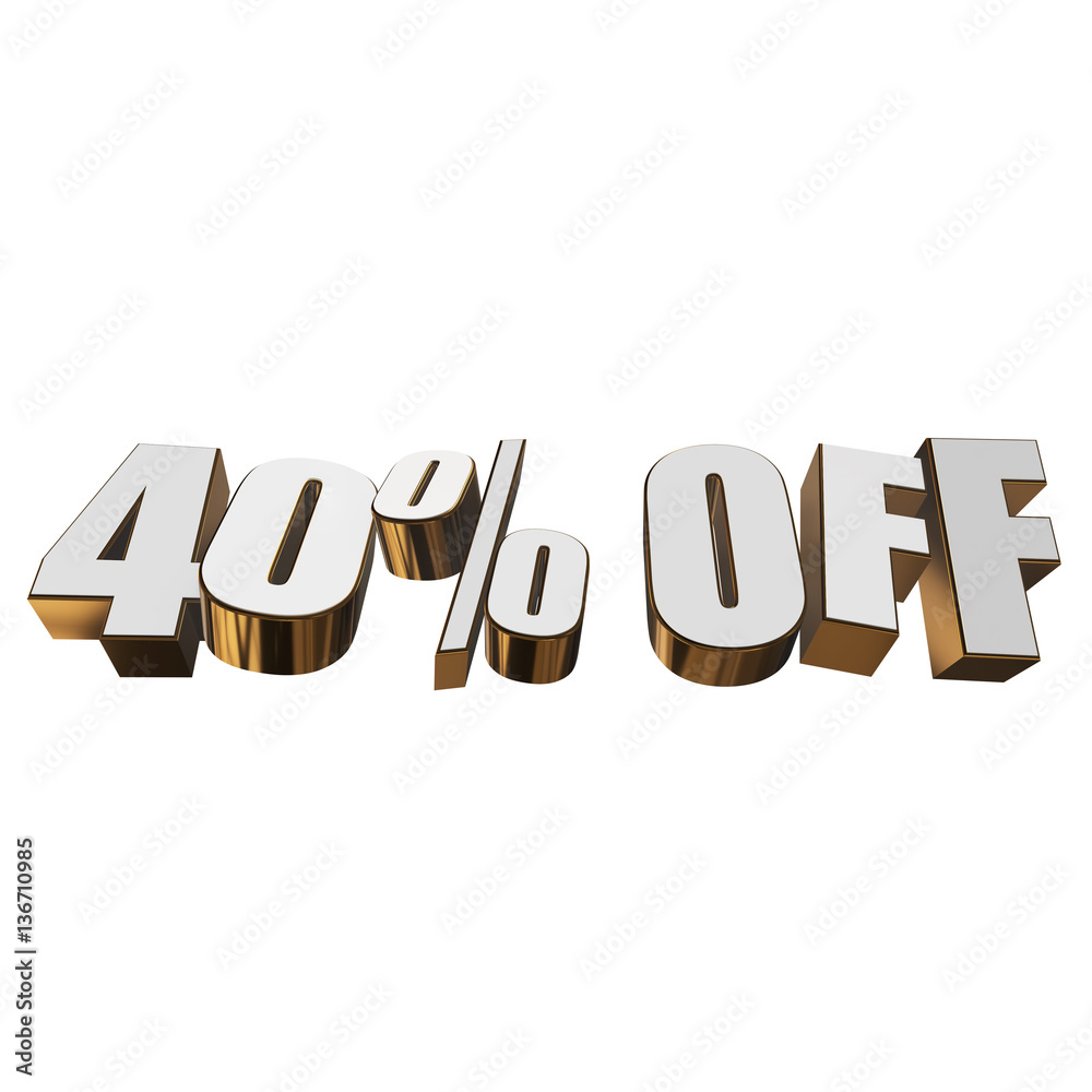 40 percent off letters on white background. 3d render isolated. 40 percent off letters on white background. 3d render isolated.