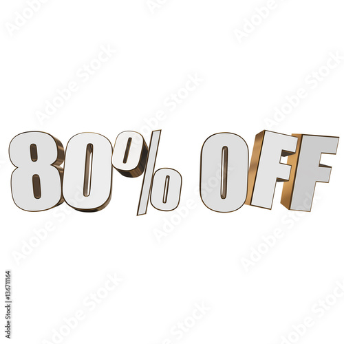 80 percent off letters on white background. 3d render isolated.
