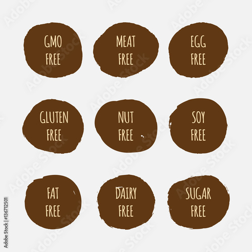 Set of allergen free stickers. GMO, soy, meat, egg, gluten, nut, fat, dairy, sugar.