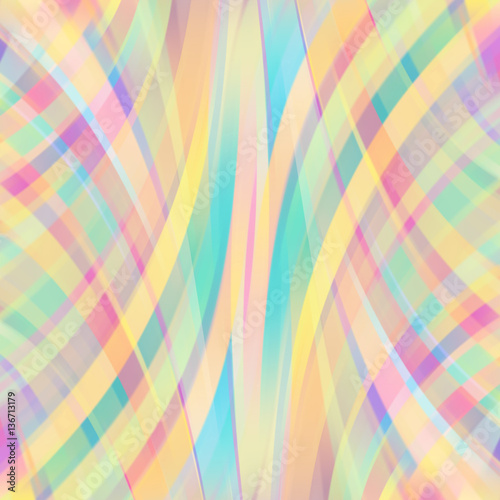Vector illustration of colorful abstract background with blurred light curved lines. Vector geometric illustration. Pastel yellow, orange, pink, green colors © tashechka